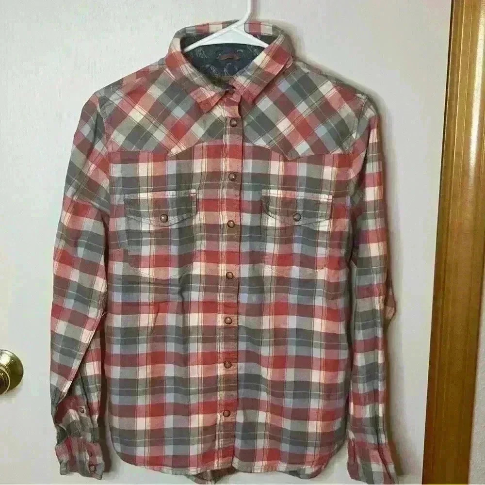 Jachs Girlfriend Bea Flannel Women Small Long Sleeve Western Pearl Button Up‎